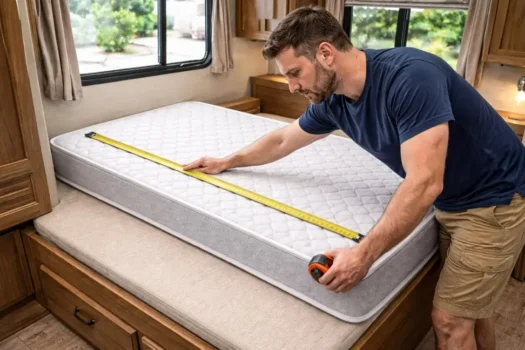 Man measuring an RV short queen mattress