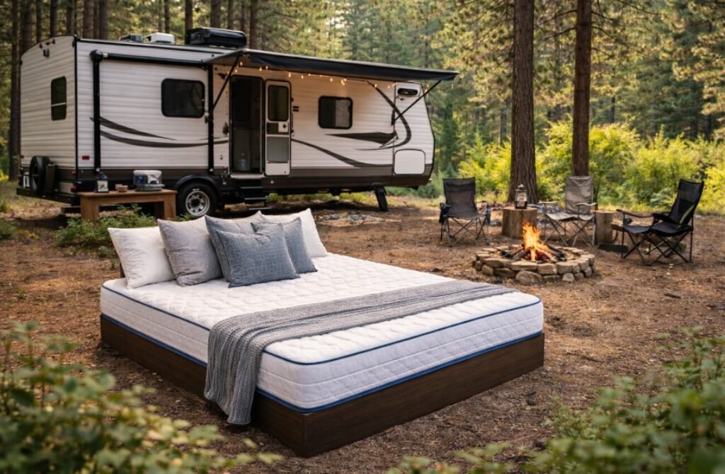 Narrow King RV Mattress next to a motorhome