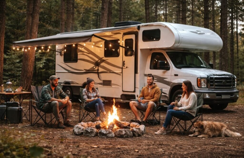 People camping around an RV