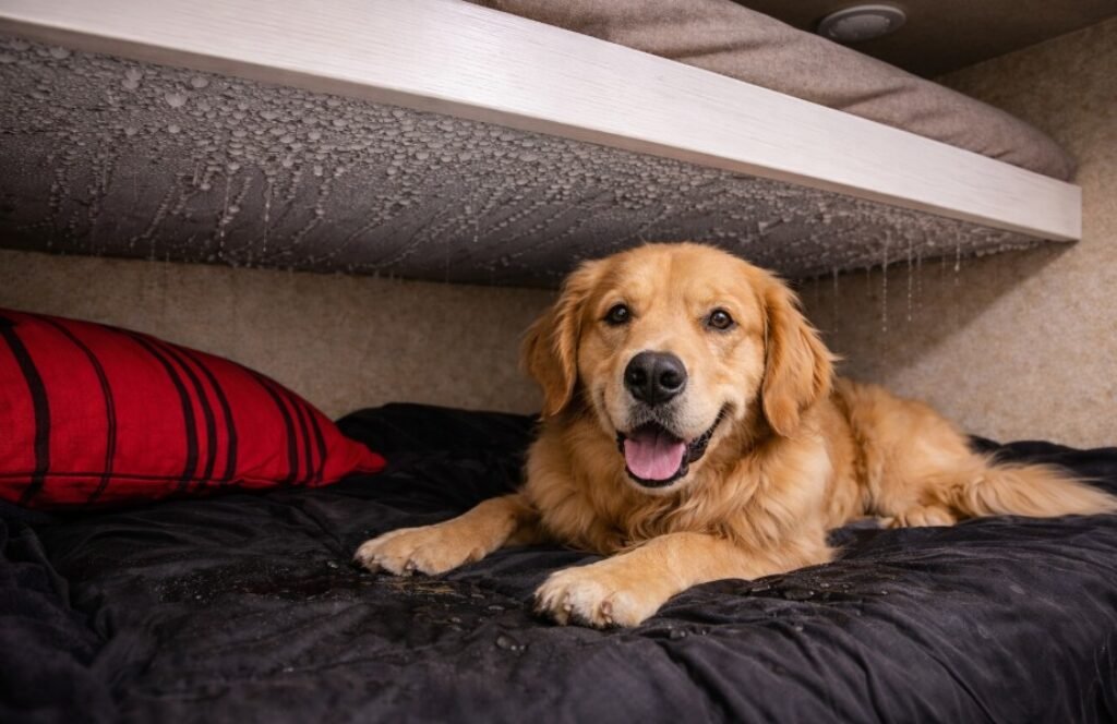 Dog laying on an RV bunk bed with condensation