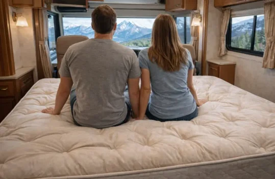 Couple sitting on a lumpy RV Mattress