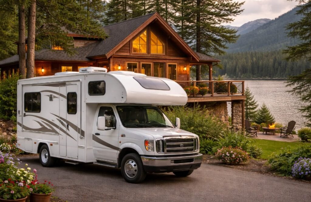 RV parked in front of lake house