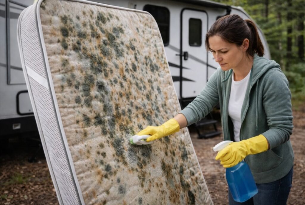 lady cleaning mode off of rv mattress