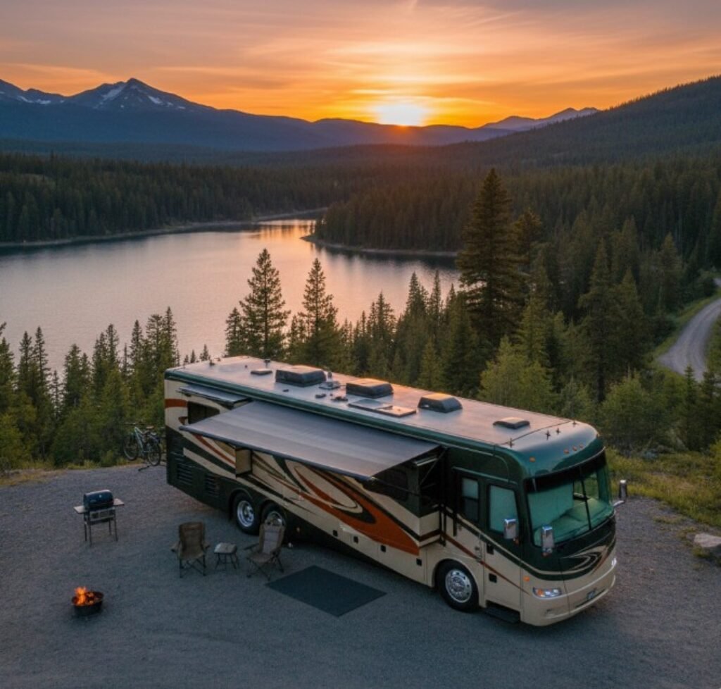 RV parked in the woods by the lake