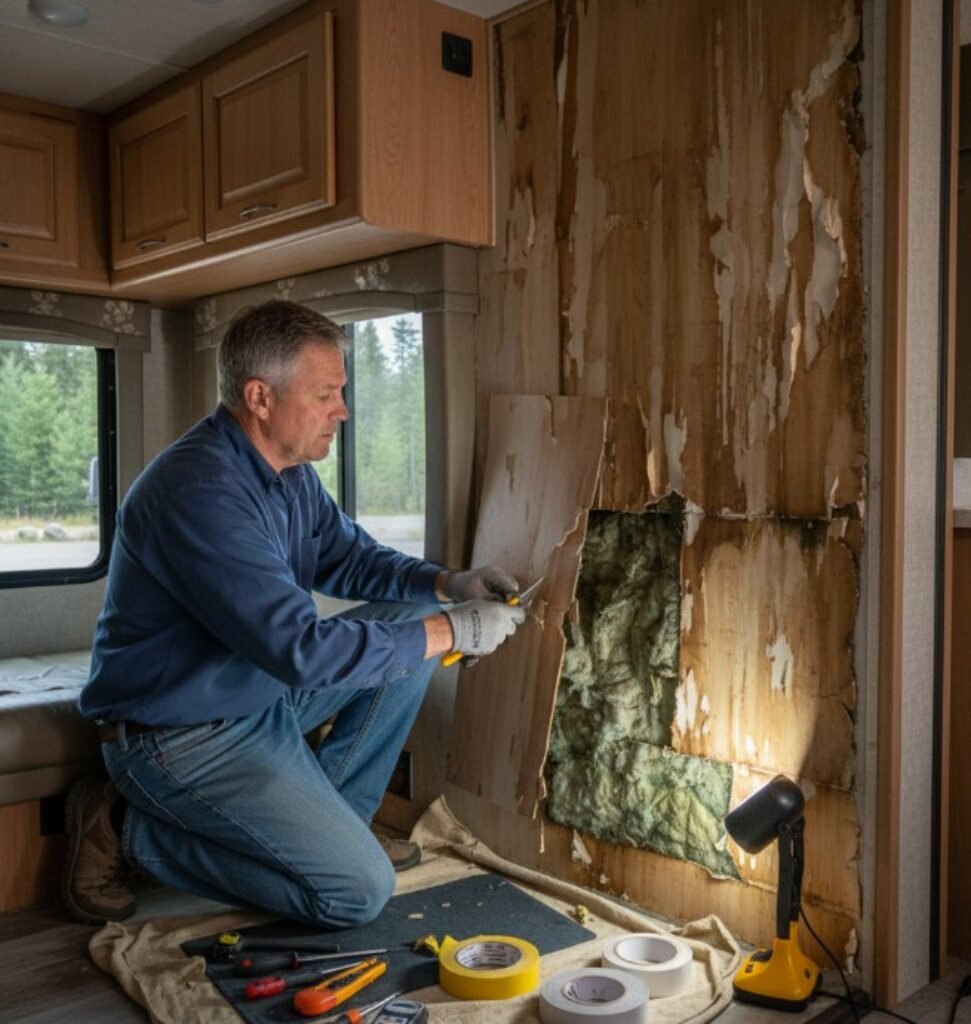 Man repairing an RV wall damaged by water