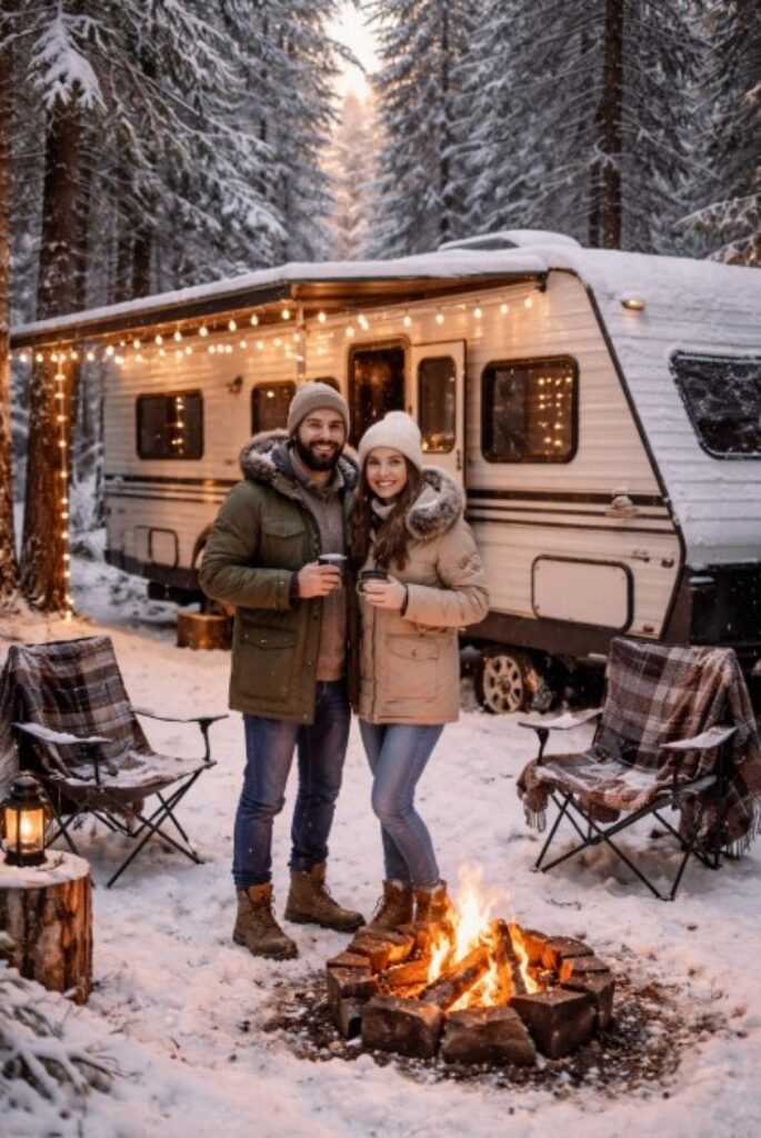 Couple standing in front of RV in the winter time
