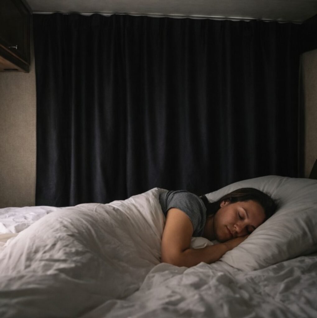 Woman sleeping in a dark covered RV bedroom