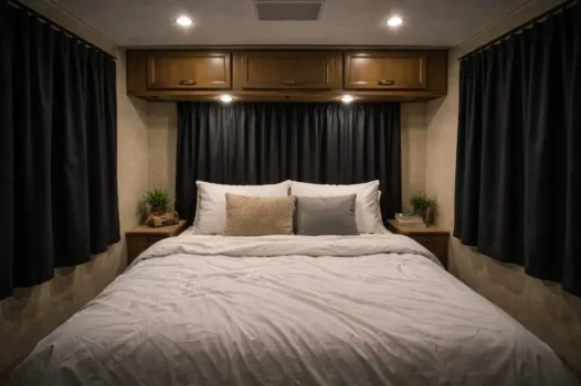 Dark curtains to darken an RV bedroom
