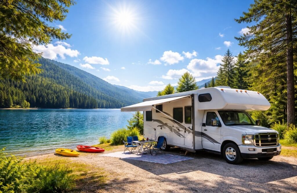 RV parked in front of a lake