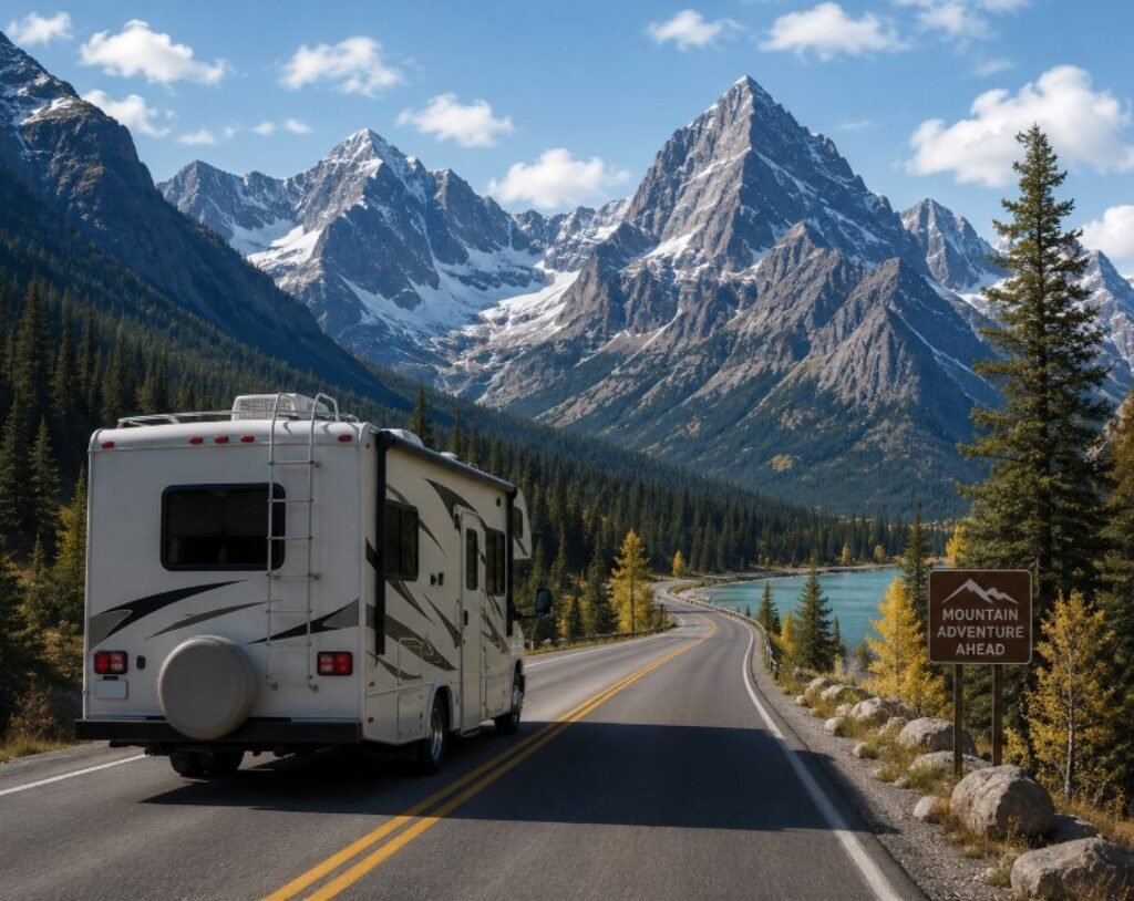 RV driving towards the mountains
