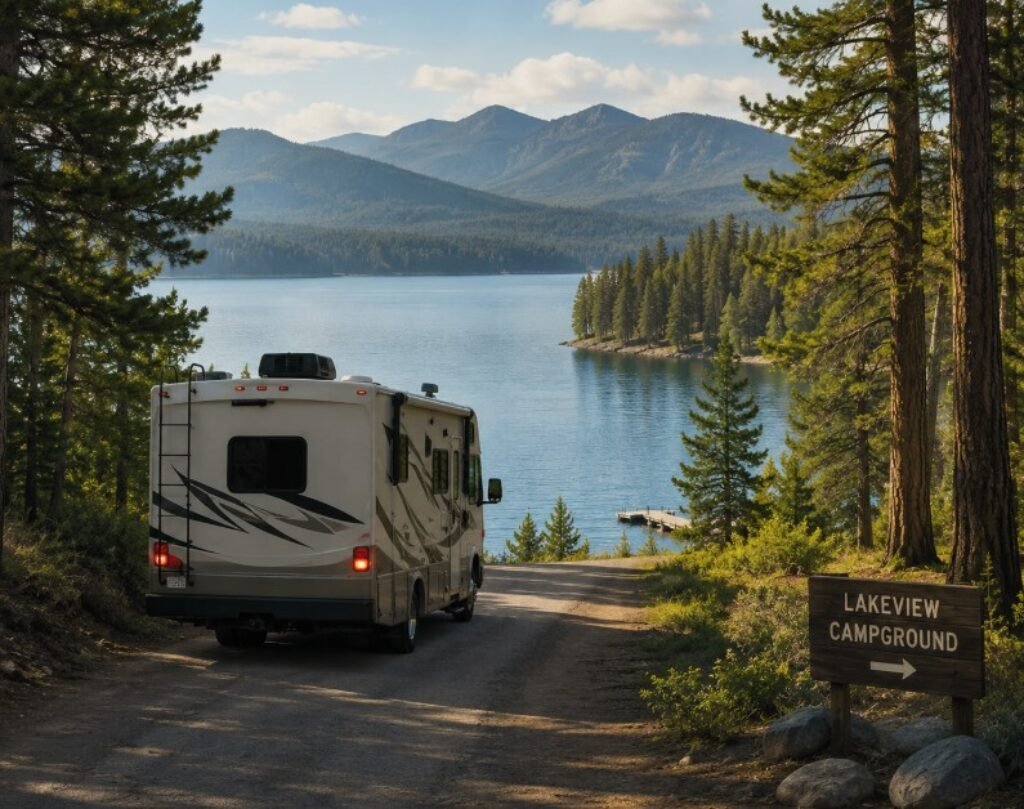RV driving towards the lake