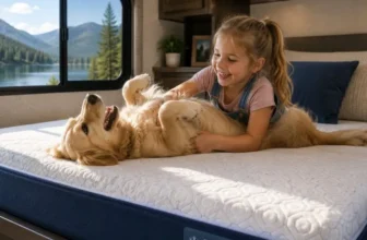 Little girl and dog playing on cool gel mattress