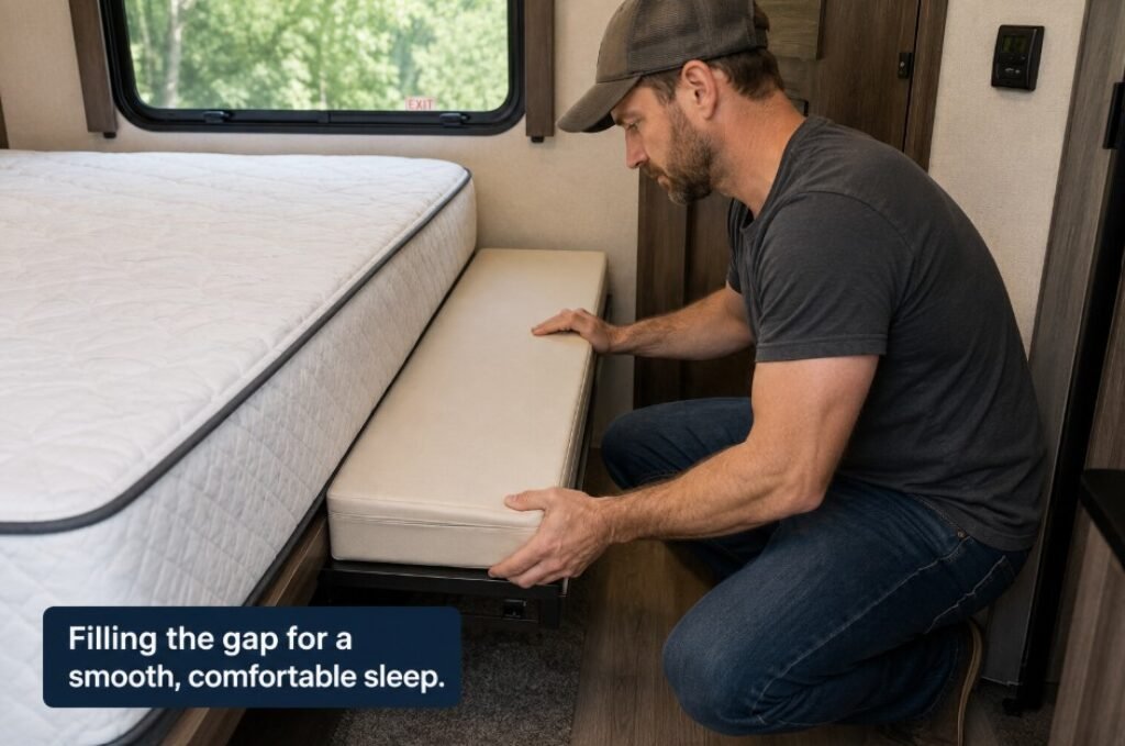 Man fixing a gap for an RV bed slide-out