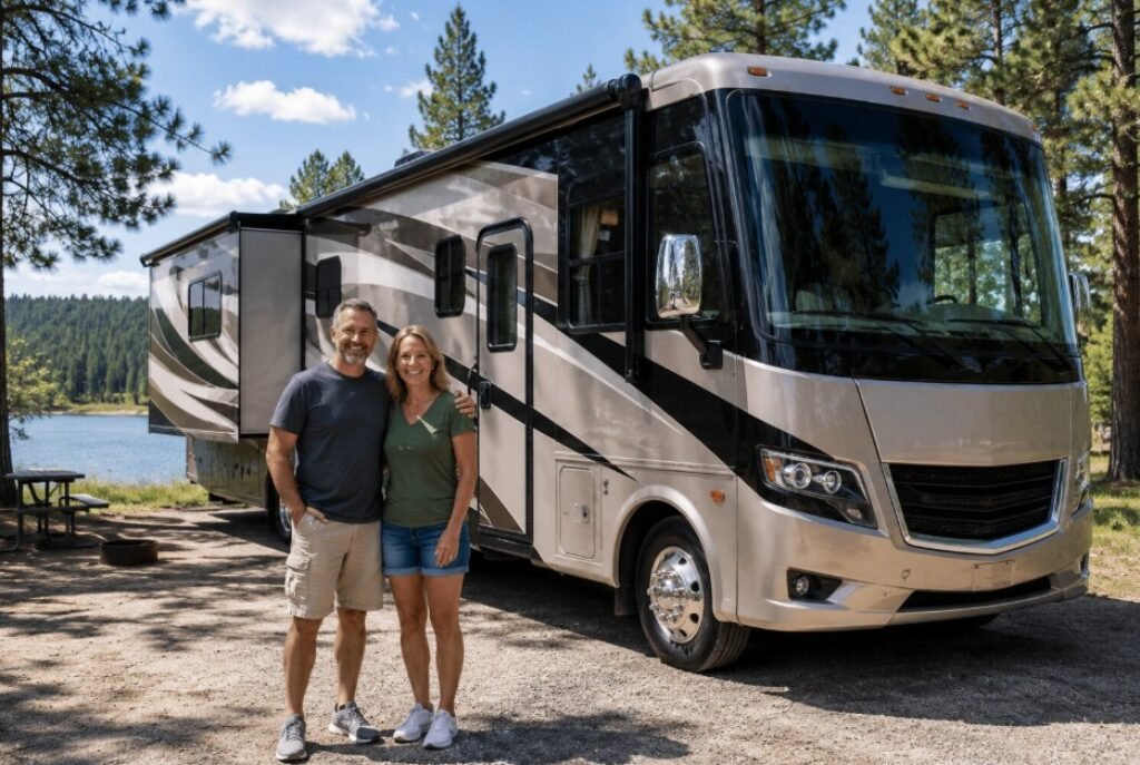 Man and woman standing in front of an RV