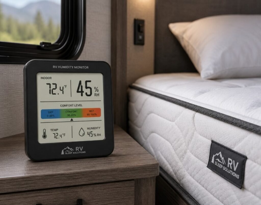 WiFi Humidity Monitor in an RV next to a bed