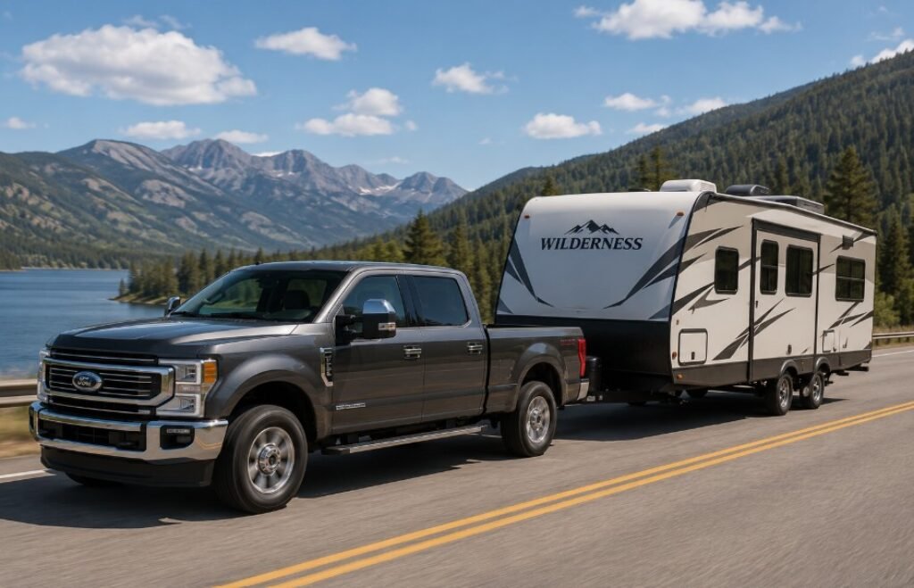 RV truck driving around the lake
