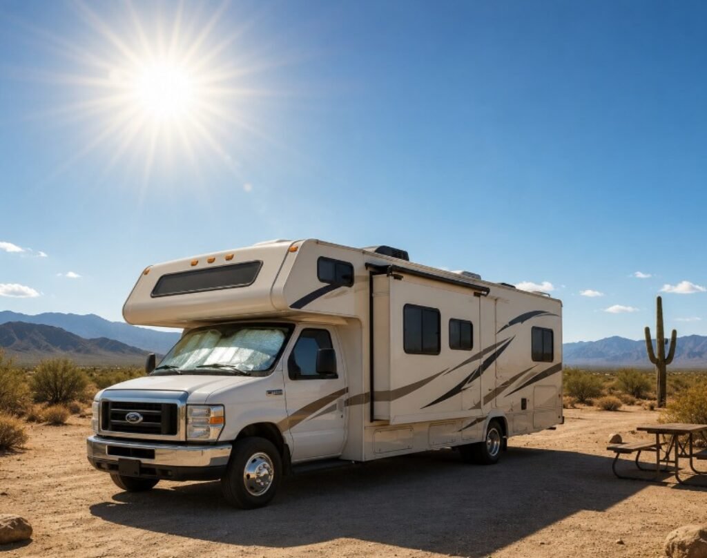 RV parked under the hot sun