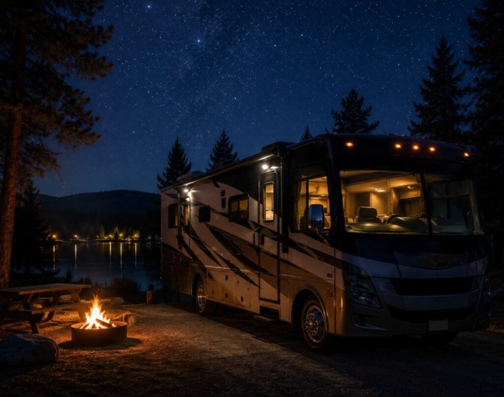 RV parked in the woods at night. 