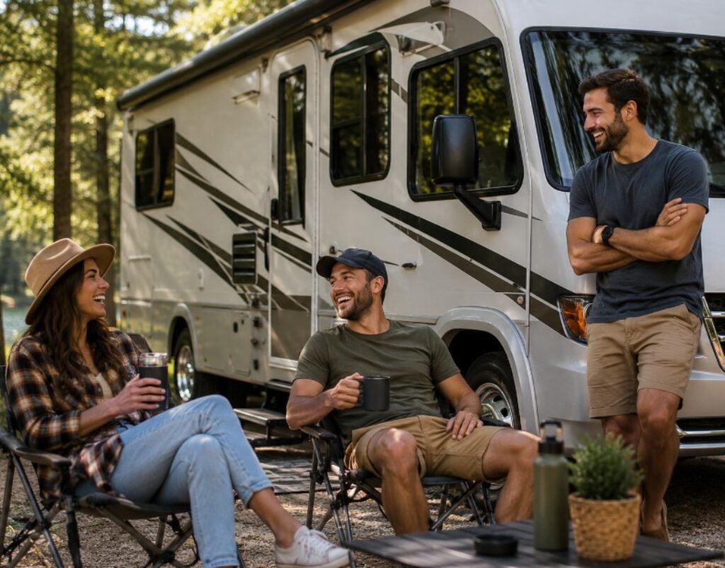 People hanging out in front of an RV camper