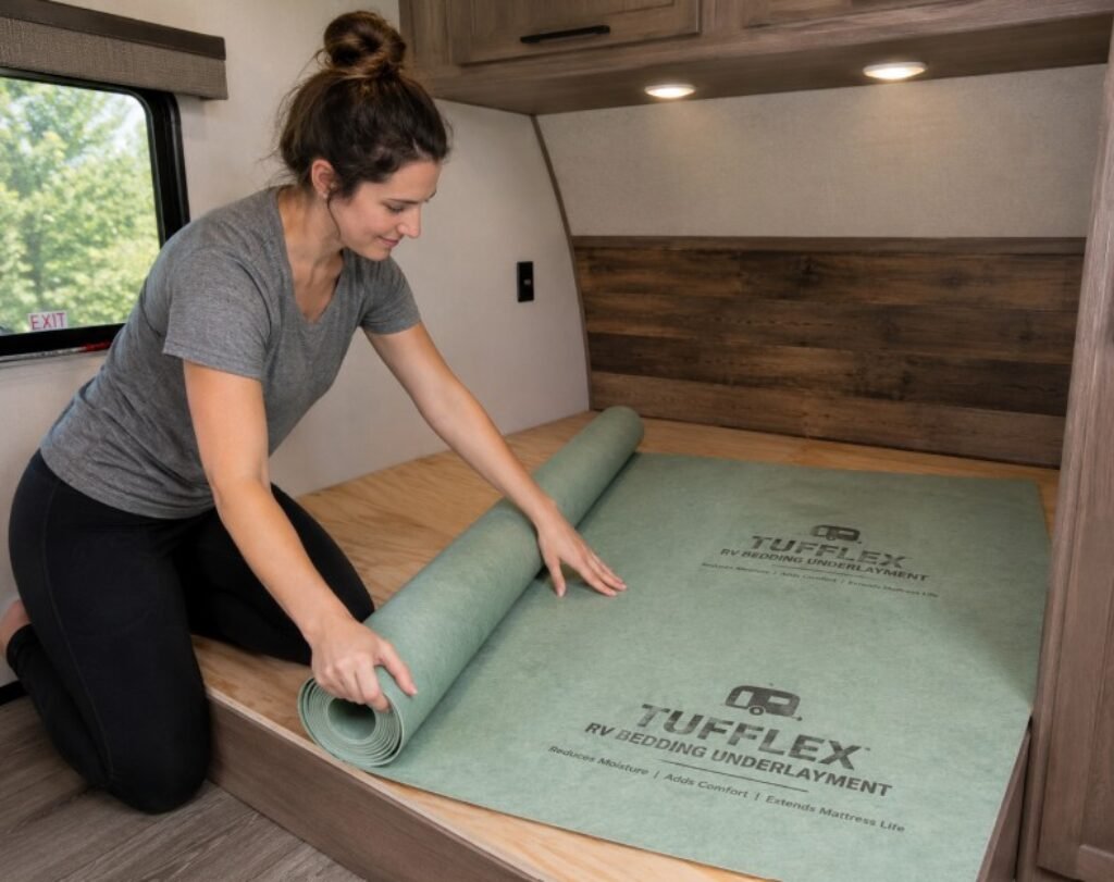 Women installing an underlayment for an RV camper bed