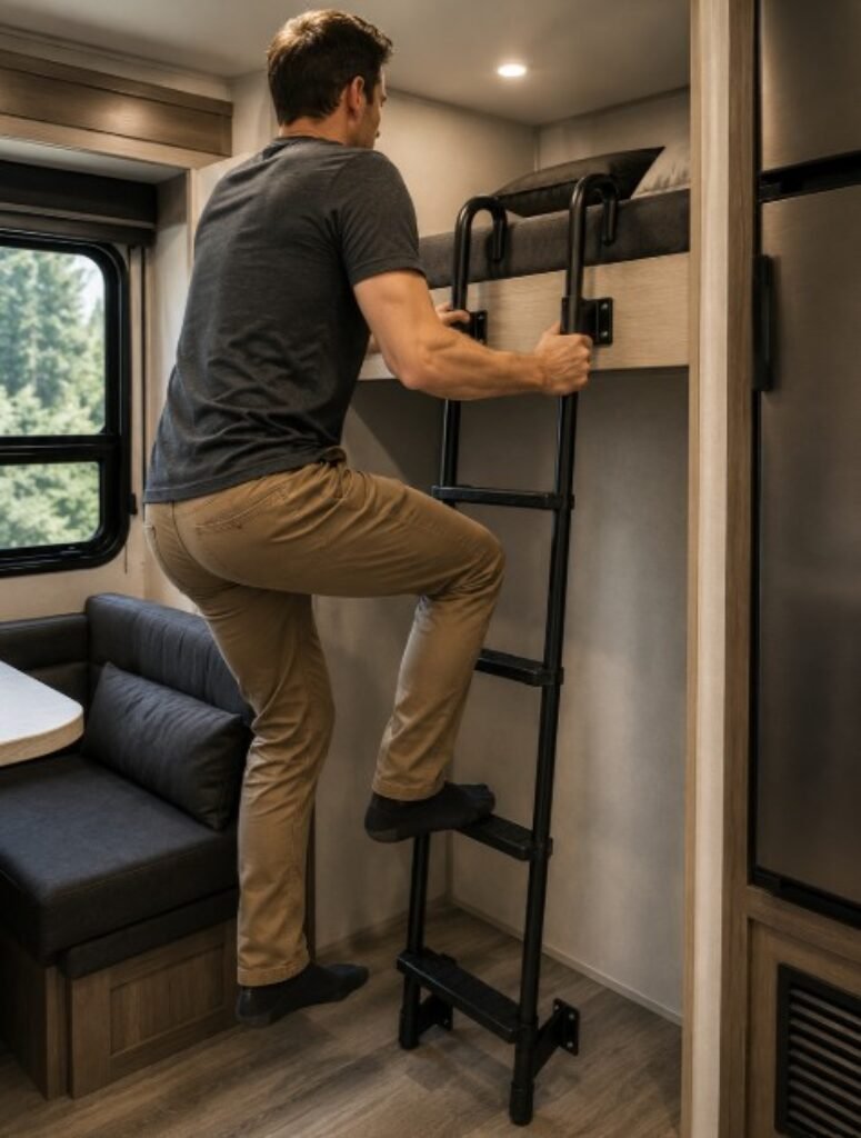 Man climbing a bunk ladder in an RV