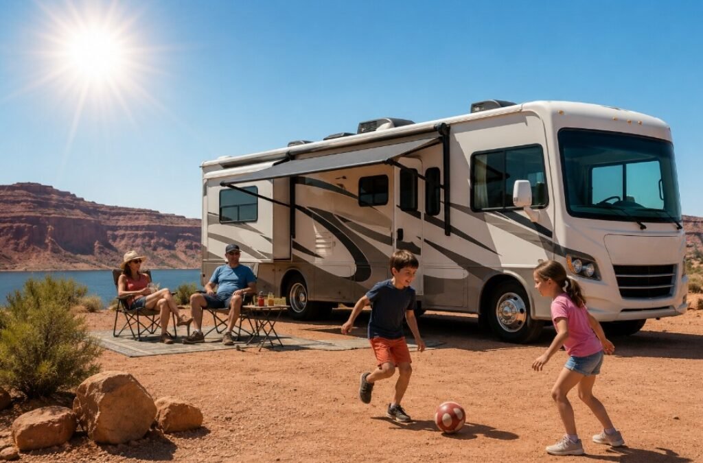 Family out in the hot sun next to an RV