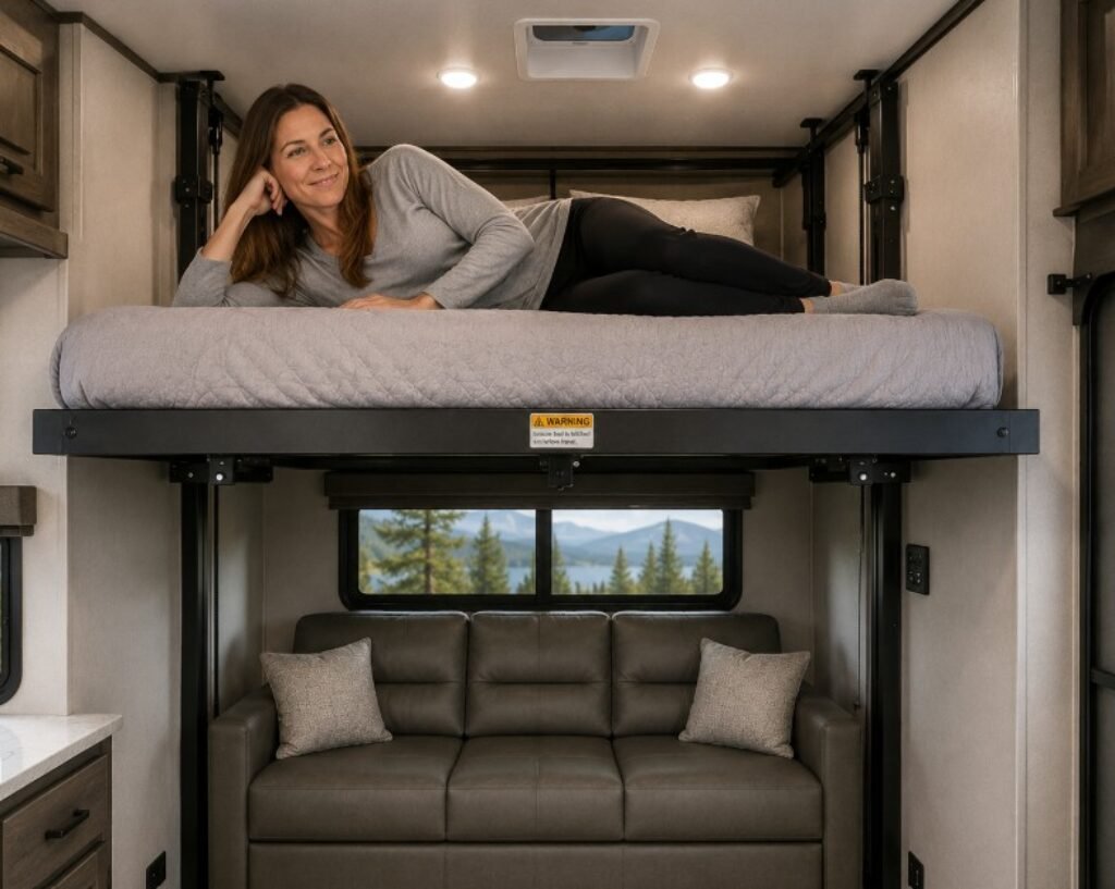 Woman laying on a bed using an RV lift system