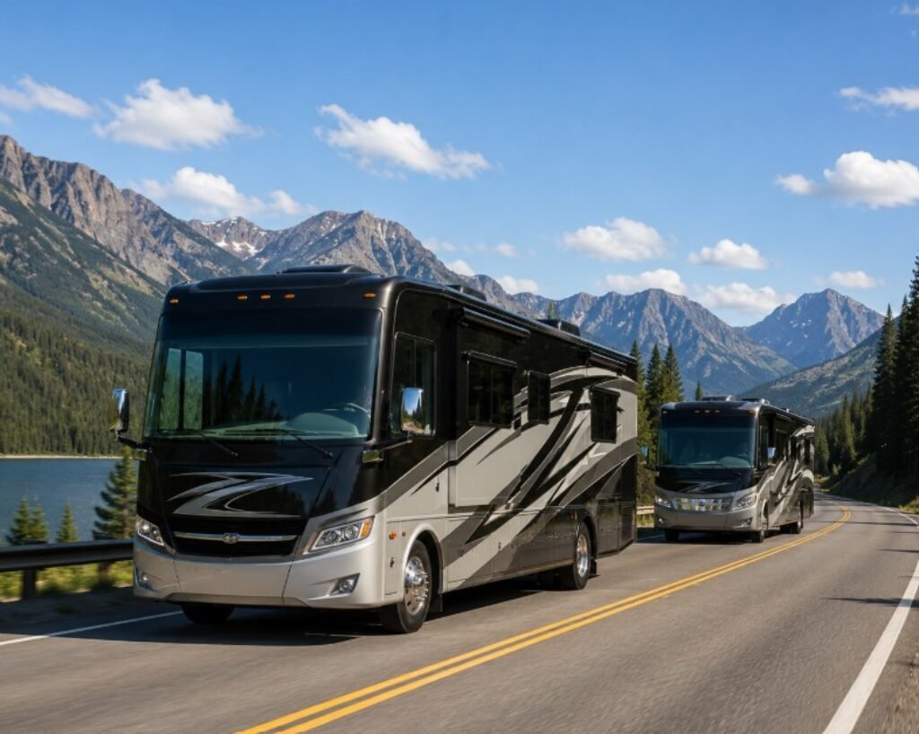 Two RVs driving in the open road.