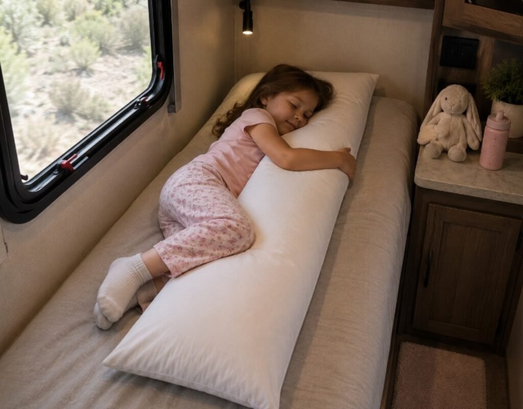 Little girl sleeping with her body pillow on a narrow RV Bed