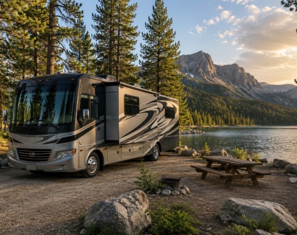 RV Camper parked by the lake