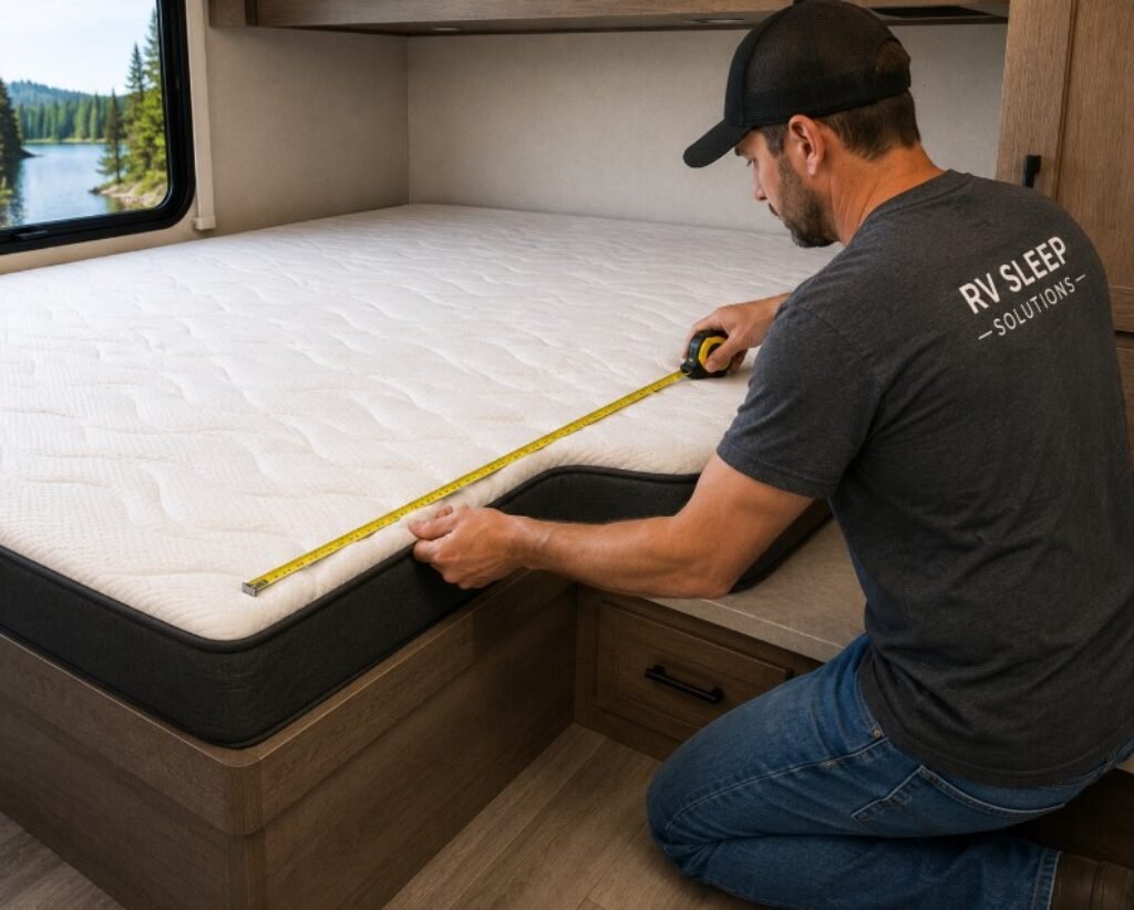 Man measuring a notched corner RV mattress