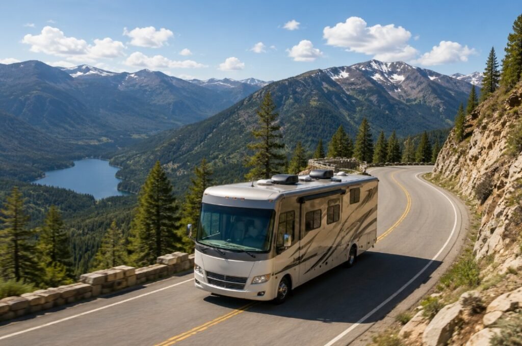 RV camper driving down the mountains