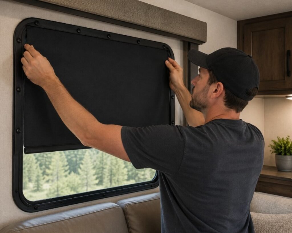 Man installing blackout shades with thermal backing on an RV window