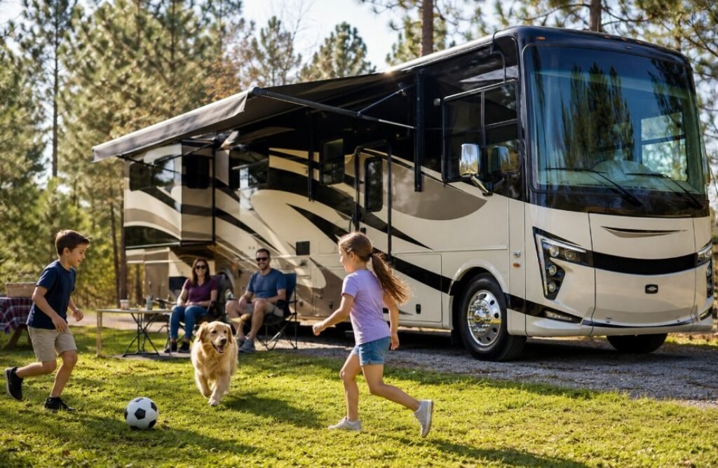 Family relaxing in front of an RV camper