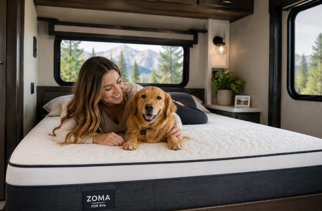 Woman and dog laying on top of a Zoma mattress in an RV camper