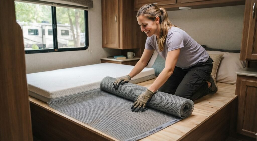 Woman installing a hypervent aire-flow for an RV