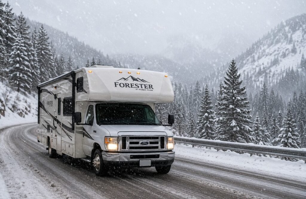 RV driving in the snow