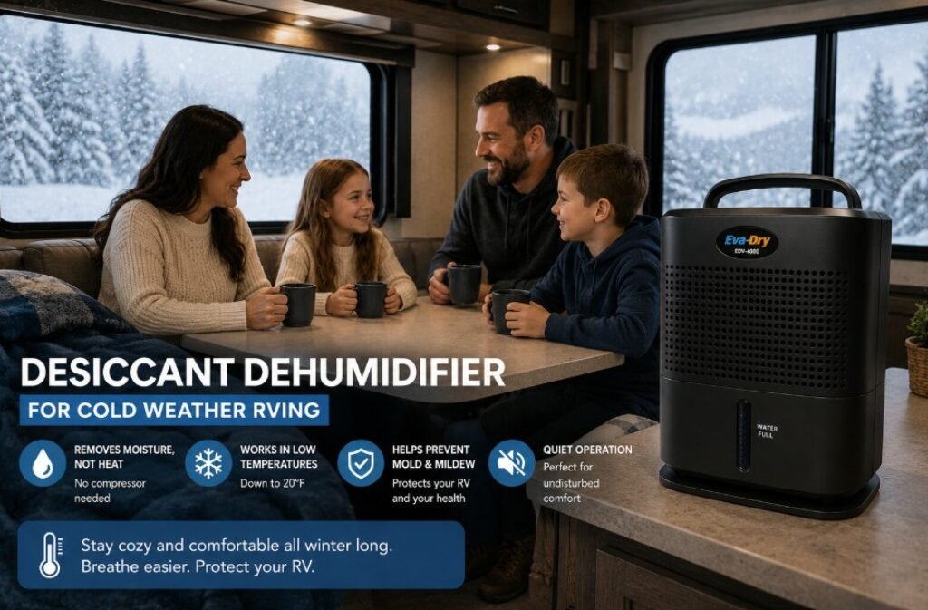 Family using an RV desiccant dehumidifier in the winter. 