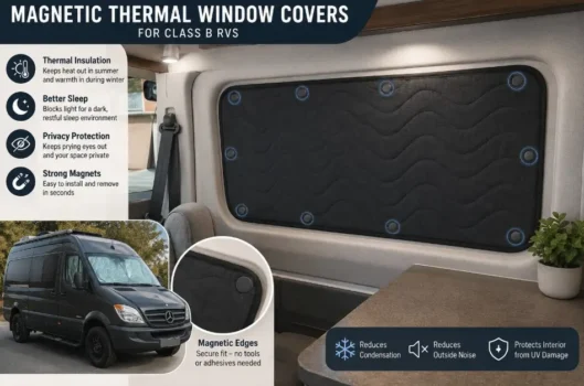 Magnetic thermal window covers for Class B Rvs
