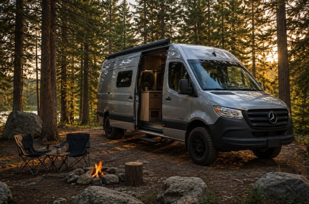 Class B RV parked in the woods