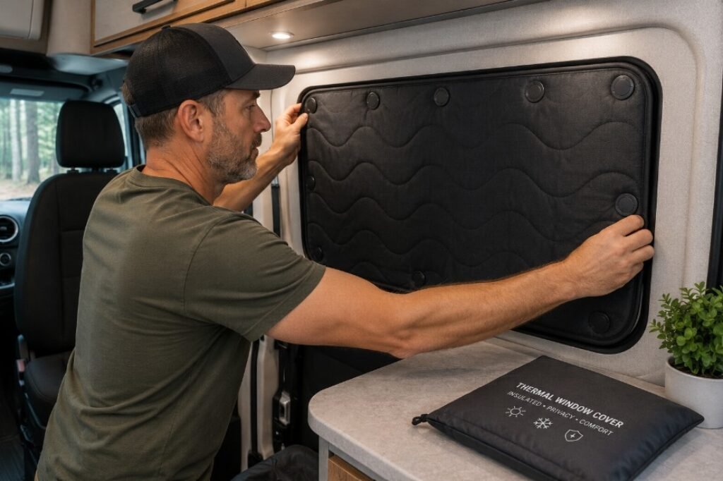 Man installing a Magnetic thermal window for a RV
