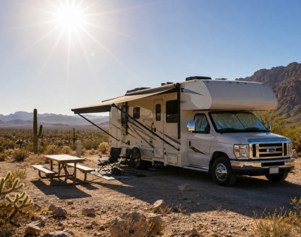 RV parked under hot sun