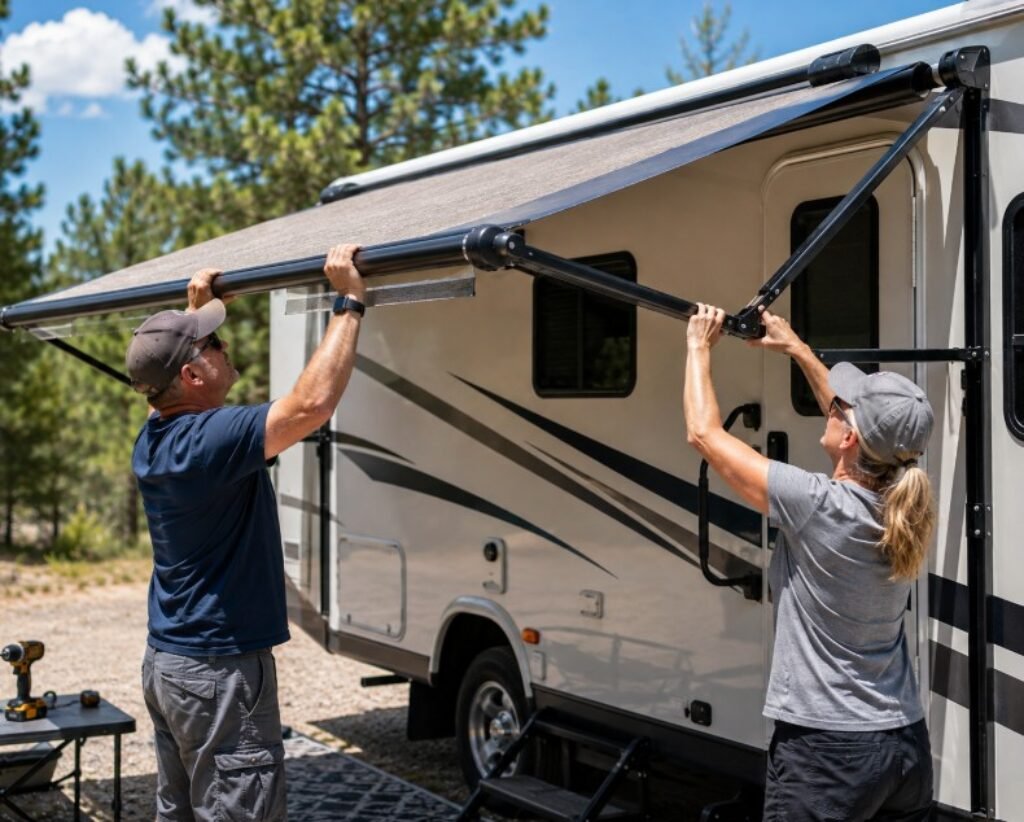 Man and woman installing an RV awning shade screen