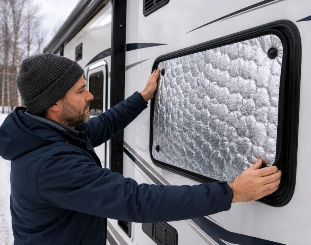 Man installing RV covers for the window