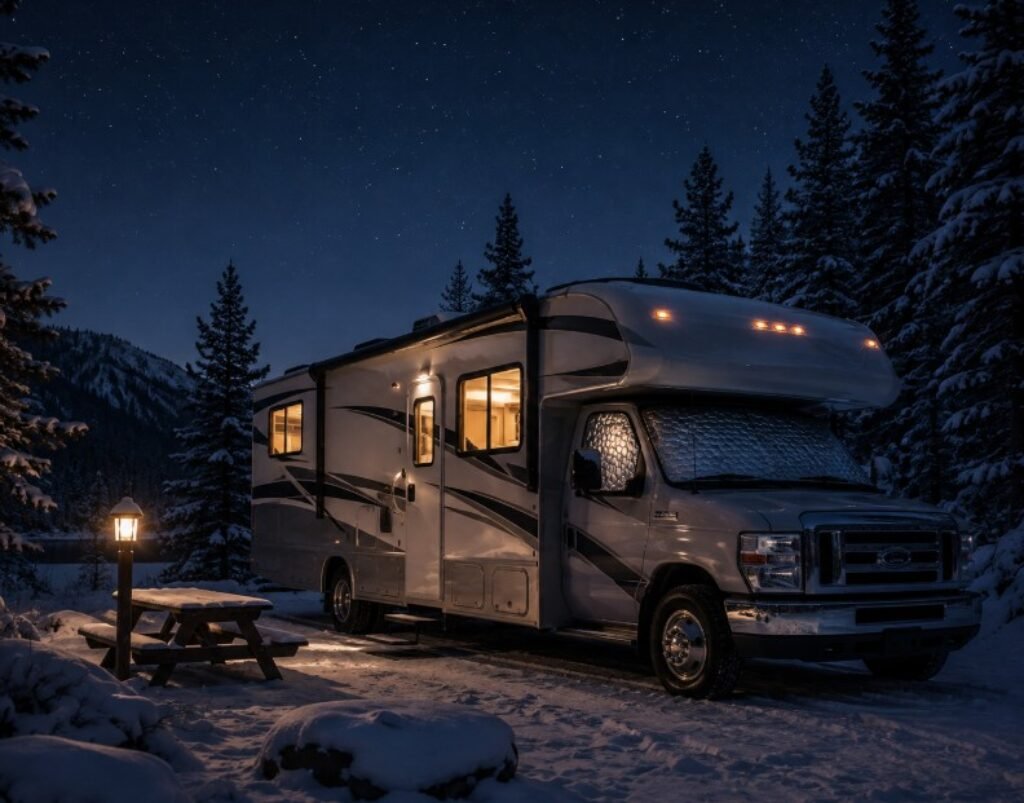 RV parked at nigh time in the cold