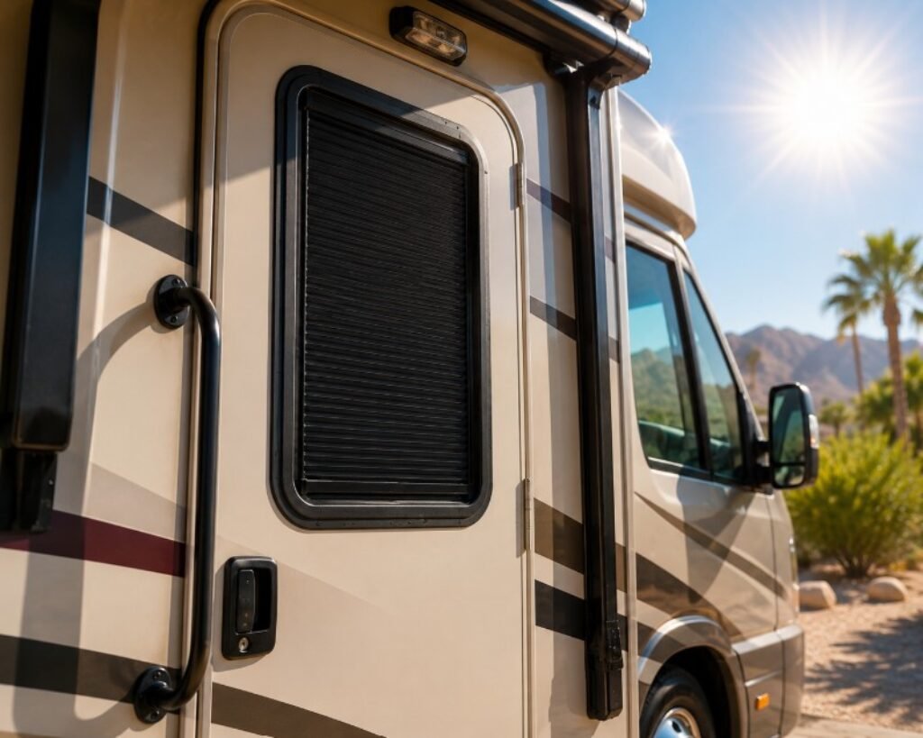 RV parked under the hot sun showing the entry door window 