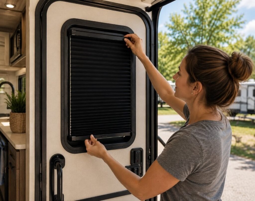 A woman installing a blackout shade on an RV entry door window