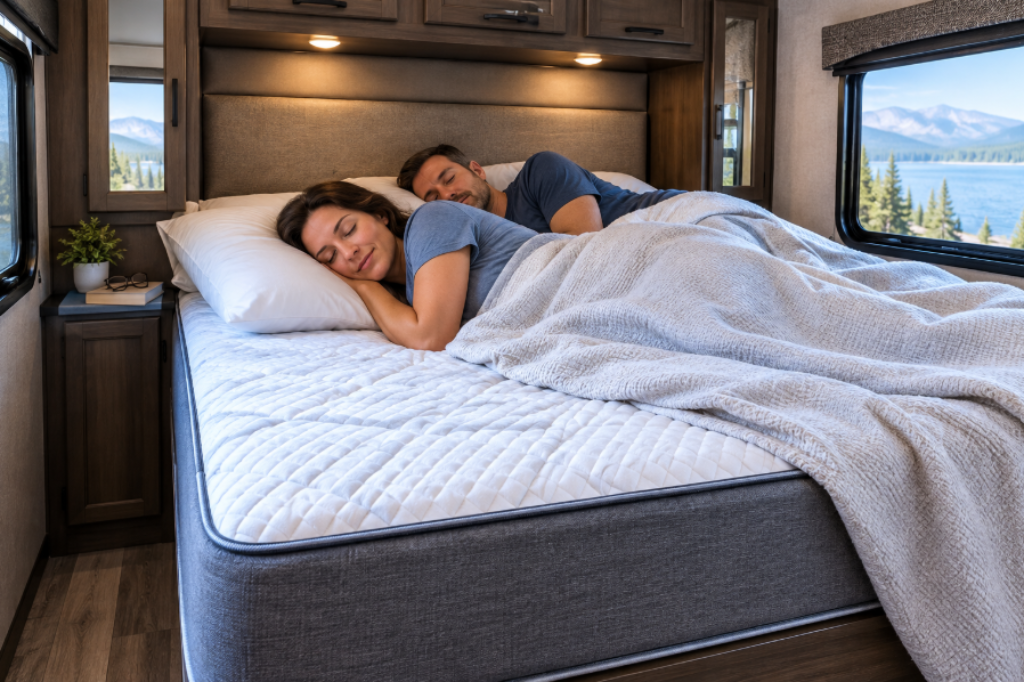 Couple sleeping on an RV mattress
